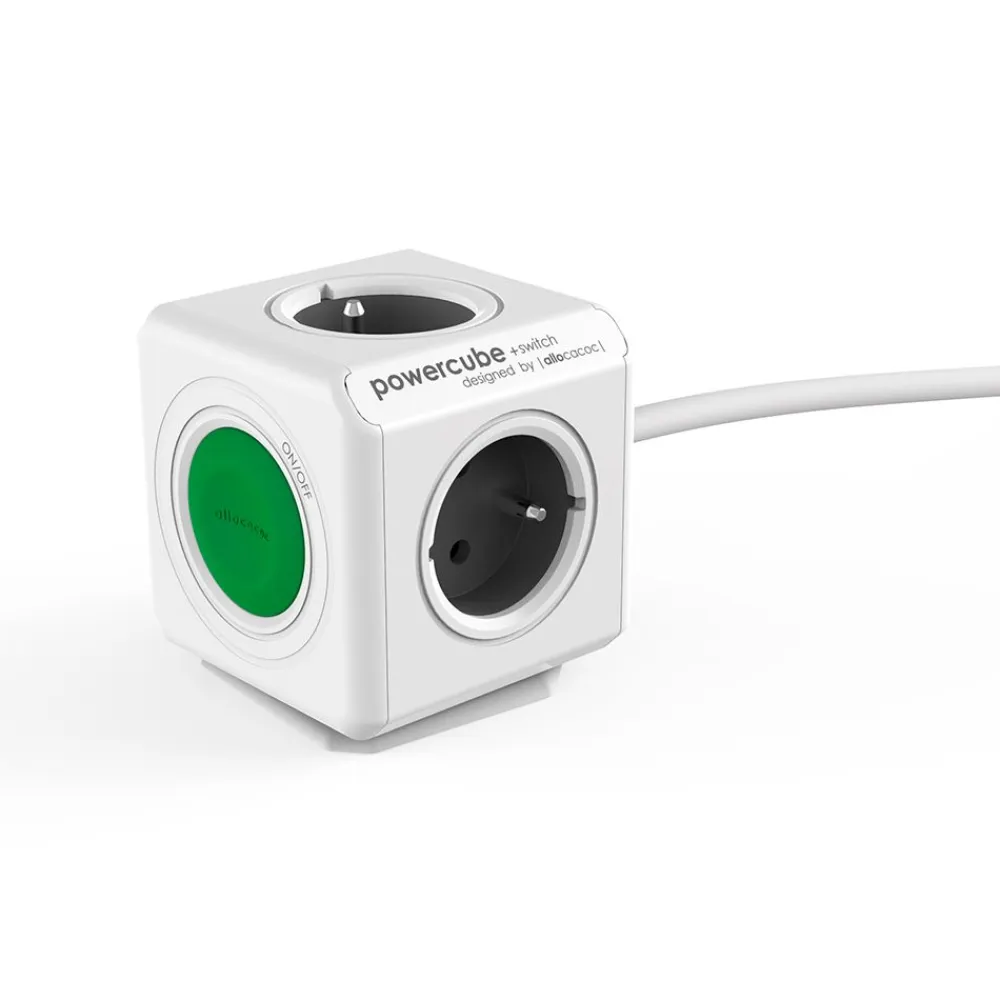 Pistorasia PowerCube Extended + Switch 1,5m 4-osainen + katkaisija vihreä/valkoinen - Allocacoc New