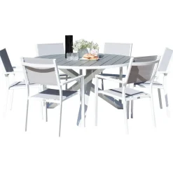 Ruokailuryhmä ulos , valkoinen Parma-pöytä Ø140cm + 6 valkoharmaata Copacabana-tuolia - Venture Home Clearance