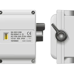 Turvakytkin SA425, sivusta väännettävä, 4x25A, 500V, 11kW, IP54, harmaa - Norwesco Hot
